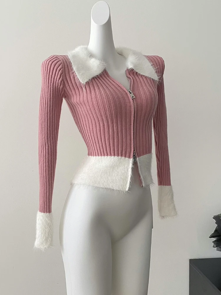 Autumn Winter Women Vintage Cropped Sweater Long Sleeve Korean Fashion Mohair Cardigan Knitwear 2000s Aesthetic Contrast Color