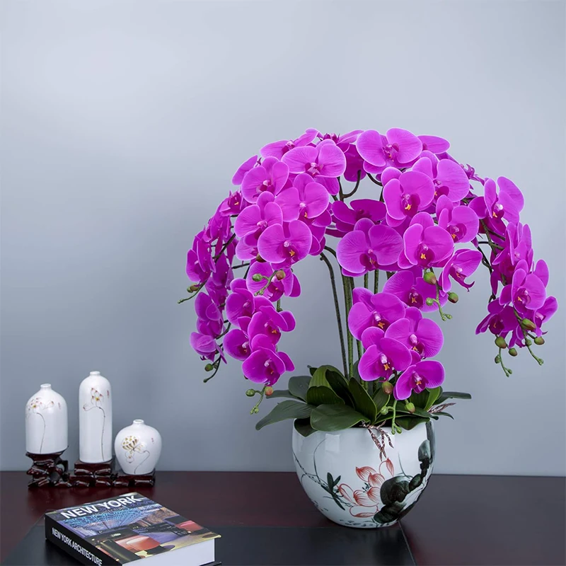 9 cabeça borboleta orquídea artificial phalaenopsis flores 38 "bige látex orquídea buquê diy para festa de casamento decoração de casa