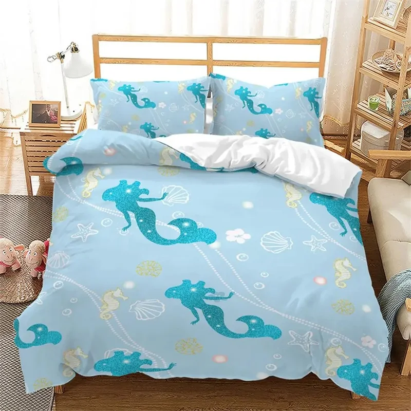 

3D Print Mermaid Bedding Set Soft Comforter Cover With 1/2pcs Pillow Shams For Kids Adults Microfiber Girl Kids Quilt Cover