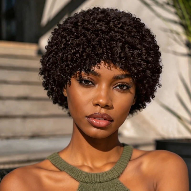 

Women's 8-inch synthetic short, fine curly wig, dark brown small curls, suitable for everyday wear and themed parties.