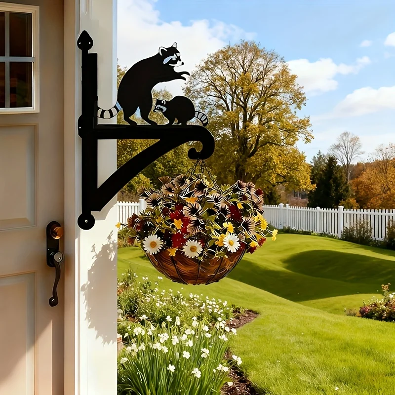 1 Piece 2D European Country-Style Heavy-Duty Iron Raccoon Mother and Child Silhouette Wall-Mounted Flower Rack - Modern Outdoor Decoration, Suitable for Flower Pots, Bird Feeders, and Wind Chimes, with Mounting Accessories