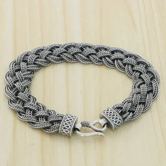 

Pure Handmade S925 Silver Wide Flat Bracelet for Men and Women Sterling Silver Temperament Rough Vintage Woven Fried Dough Twist