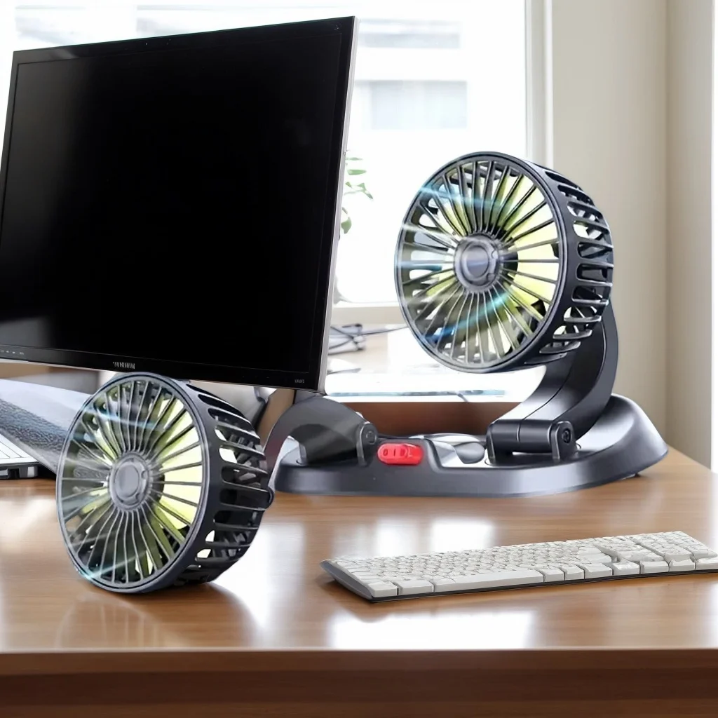 

​​Dual-Head Car Fan - 5V/12V/24V USB & Cigarette Lighter 360° Rotation for Cars Trucks Summer Gift​​