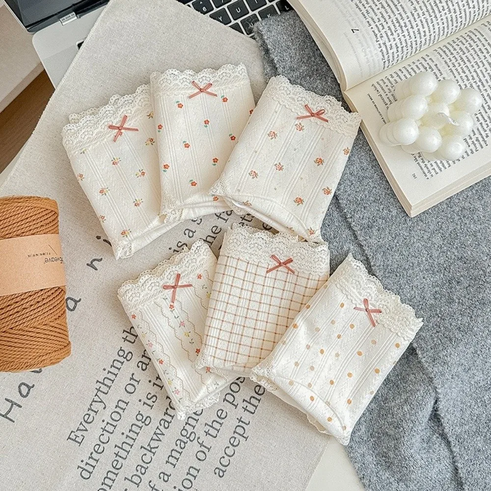 Comfortable Bow Floral Cotton Panties Grid Polka Dot Underwear for Women Lace Stripe Sweet Flower Briefs Spring Summer