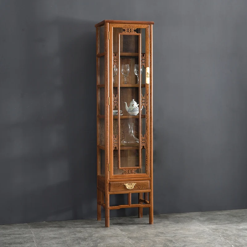 Mahogany furniture chicken wing wood  Chinese single door wine cabinet solid wood glass antique multi-functional display