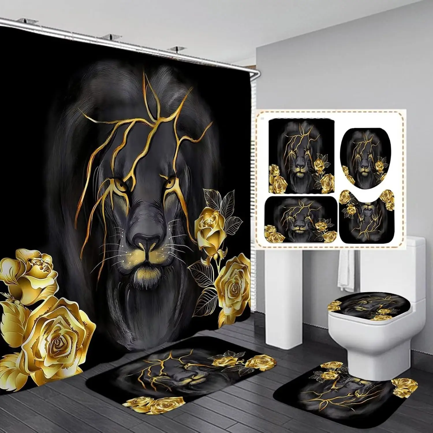 

4-Piece Black Gold Shower Set with Lion & Rose Art, Waterproof Fabric, Non-Slip Mats & Toilet Cover