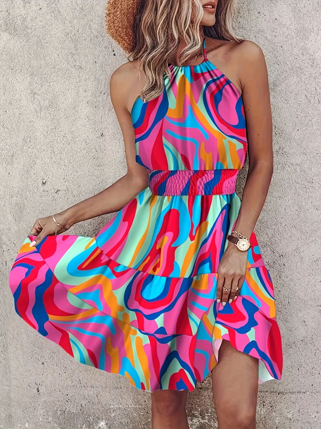 Plus Size 2024 Fashion Casual Vacation Women\'s Dress Elegant Sexy Off the Shoulder Halter Strap High Waist A-line Mini Dress
