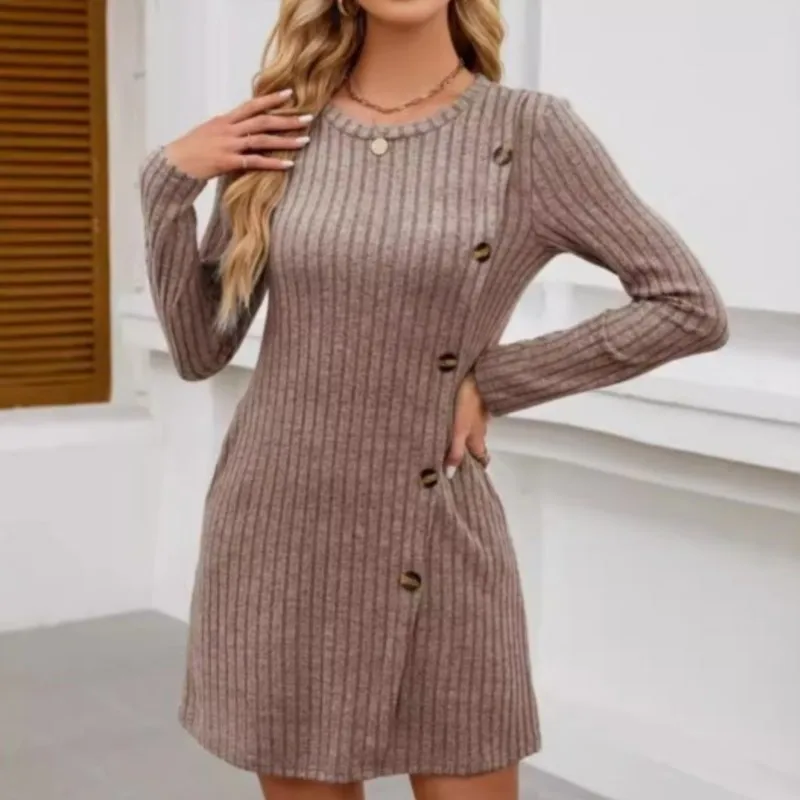 Casual Women's Long Sleeved Top Autumn Women's Round Neck Pit Stripe Brushed Split Autumn Solid Color Loose Button T-shirt