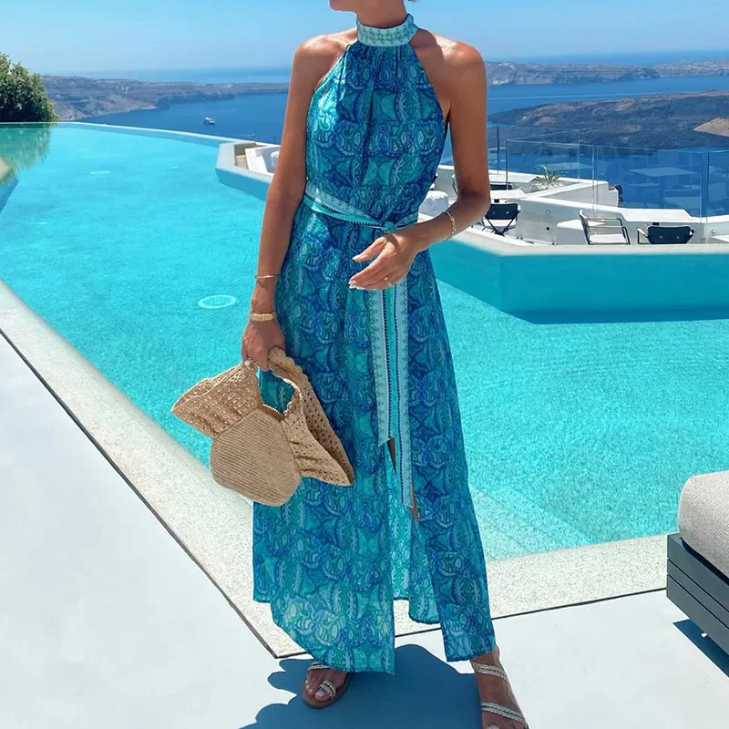 

Women Dresses Print Dress Lace Up Slit Round Neck Sleeveless Ankle Length Empire Waist Slight Strech Loose Casual 2026 Summer