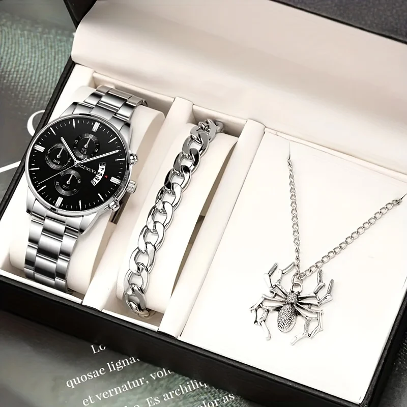 

3pcs/set, Fashion Men's Business Casual Calendar Quartz Watch & Bracelet & Spider Pendant Necklace