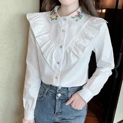 Women's Spring Autumn New Shirts Fashion Commute Spliced Ruched Button Peter Pan Collar Long Sleeve Embroidered Solid Blouses