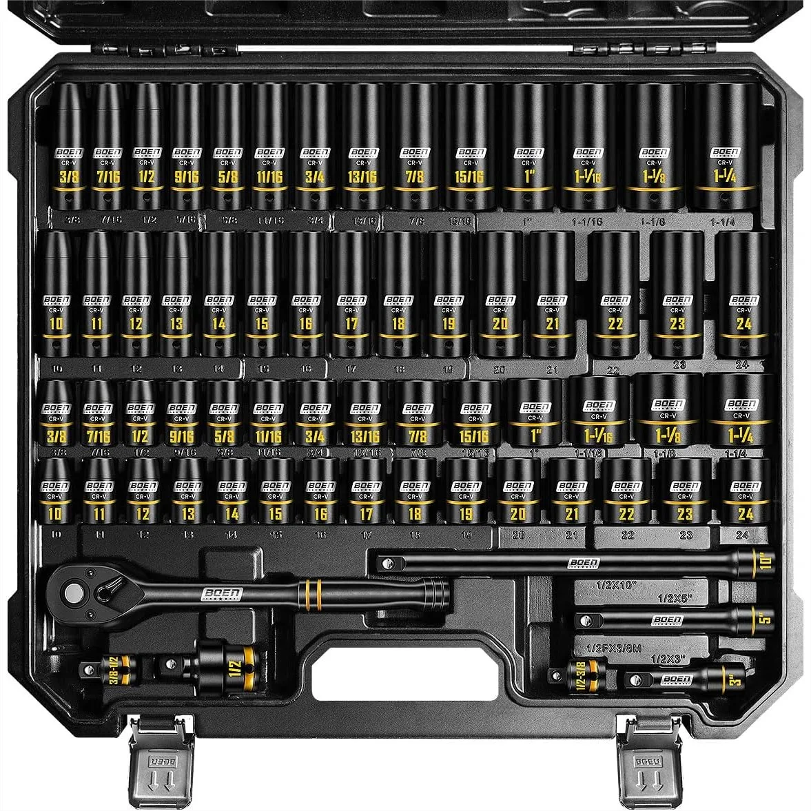 

1/2" Drive Impact Socket Set, 65-Piece SAE & Metric Deep/Shallow with Grooved Yellow Markings, Ratchet & Extensions