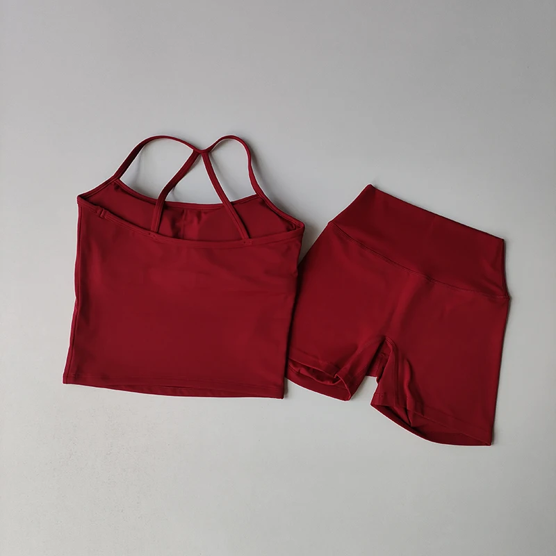 Women's Yoga Exercise Set, Popular Slim Shoulder Yoga Vest Paired With High Waisted, Waist Hugging, Naked Yoga Three Part Shorts image 6