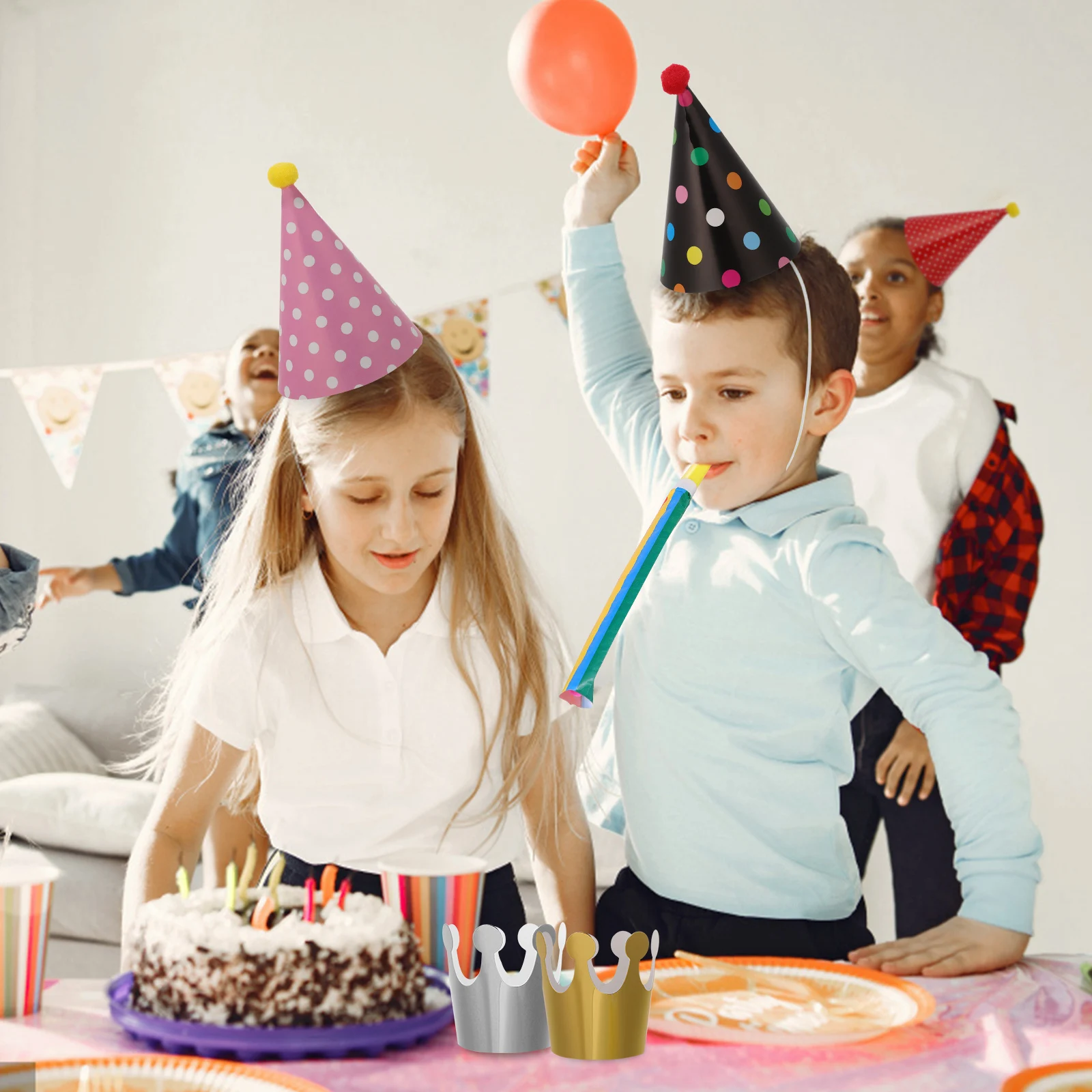 

9 Colorful Cone Hats 2 Paper Crowns 10 Party Blowers Birthday Decorations Vibrant Design Safe Toddler Fiesta Carnival