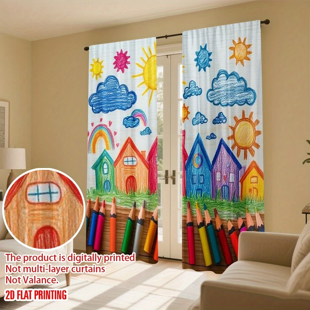 Back to School Graduation Rod Pocket Window Curtains - Colorful Crayon House Room Decor for Bedroom Celebration Set of 2 Panels
