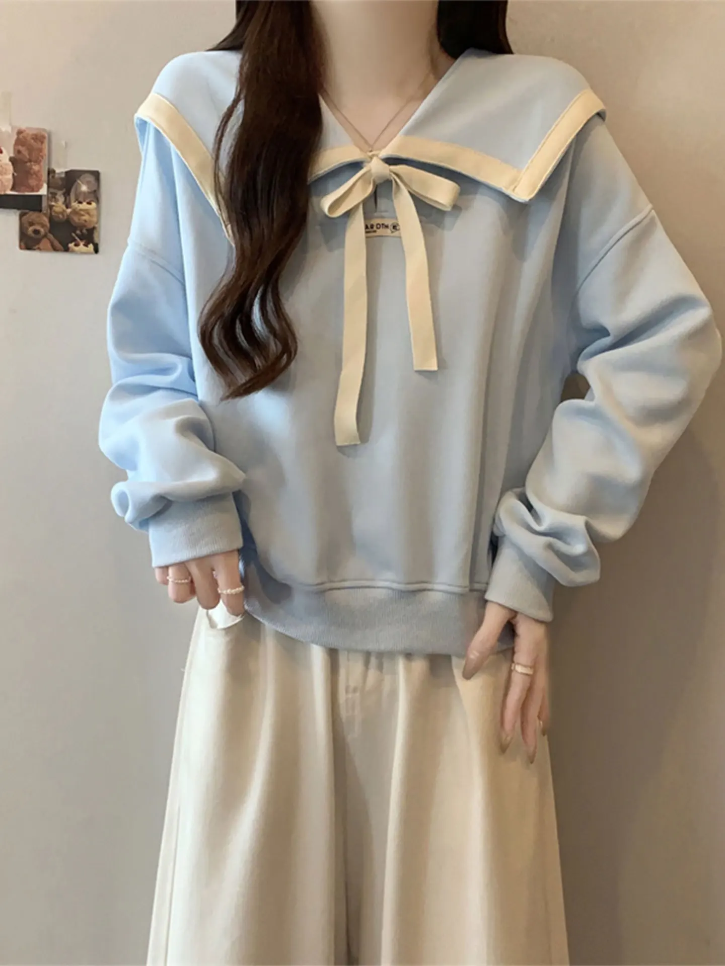 

Модный молодежный синий свитер с воротником-стойкой, свободный крой, весна 2026, большие размеры, повседневный топ