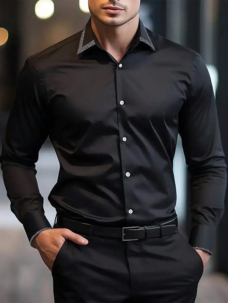 

Men's Black Long Sleeve Button-Down Shirt with Contrast Collar Cuff Detail