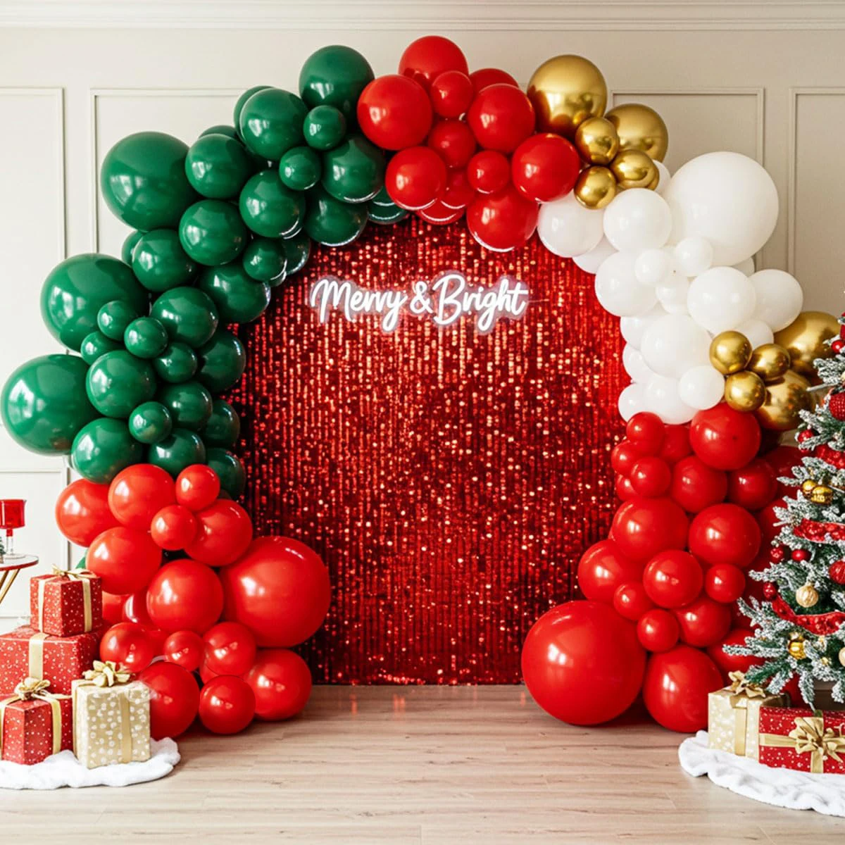 104 Rote, Grüne, Weiße und Goldene Ballongirlanden, Weihnachtliche Fröhliche Ballonbogen-Dekorationen, Festliche Party-Hintergrund-Dekorationen