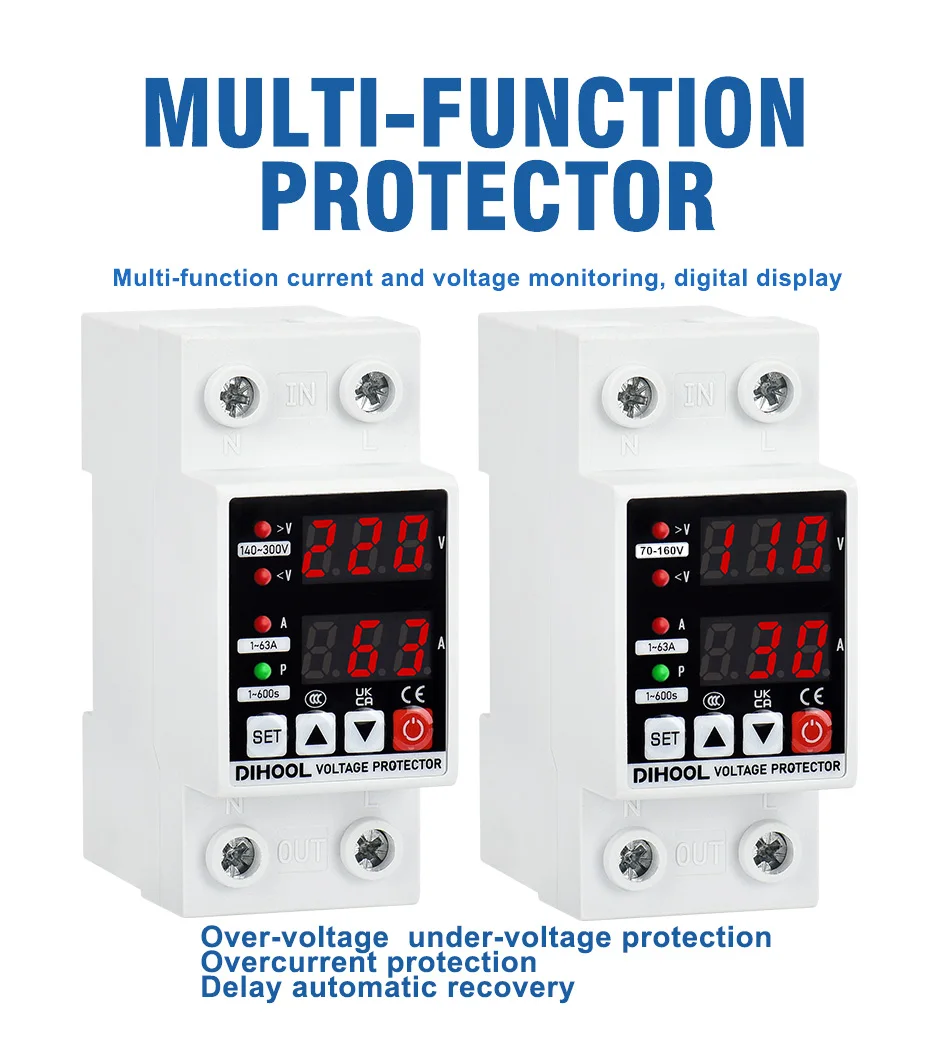 DIN Rail Adjustable Over Under Voltage Current Protective Device AC220V/110V 1-63A Delayed Self Recovery Voltage Protector