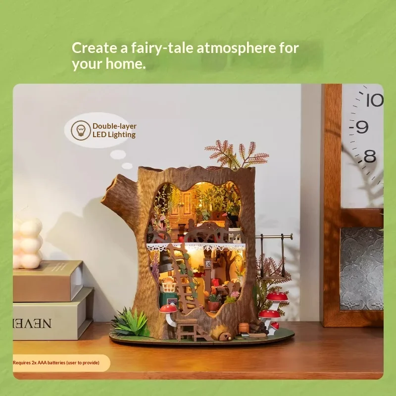 Sprookjesboomhut Diy klein huis, handgemaakte miniatuur creatieve houten assemblagemodel bouwsteencadeau voor vrouwen