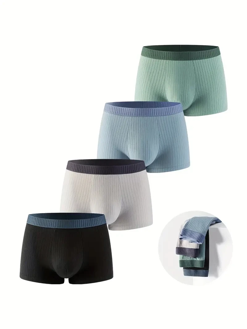 4Pcs Men\'s Flat Angle Pants, Solid Color, Sporty Style, Sexy Flat Angle Pants, Cotton Men\'s Underwear