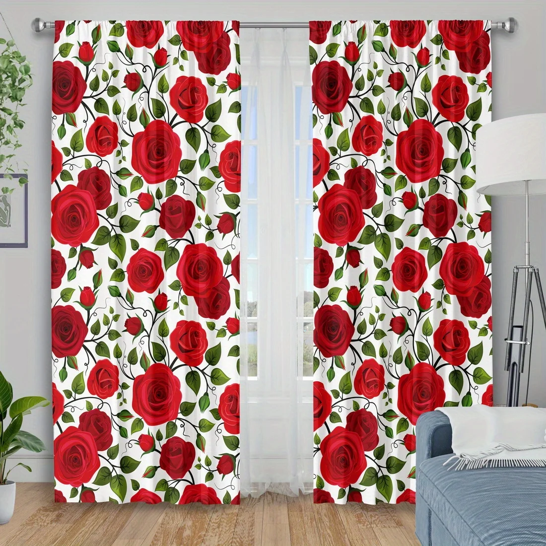 Vivid Red Rose Floral Blackout Curtain Green Leaf Bud Print Drape For Bedroom Living Room Romantic Warm Sweet Home Window Decor