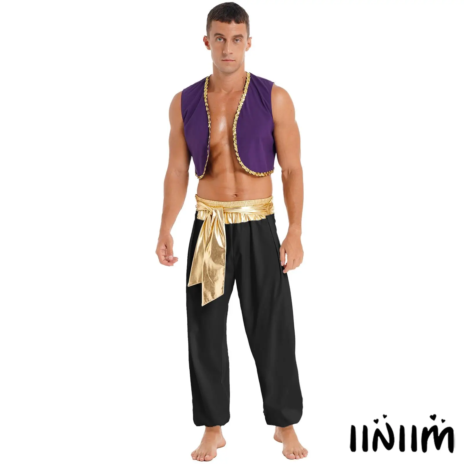 

Men's Desert Prince Costumes Halloween Outfits Arabian Golden Vest Waistcoat And Harem Pant Uniform Set Theme Party Role Play