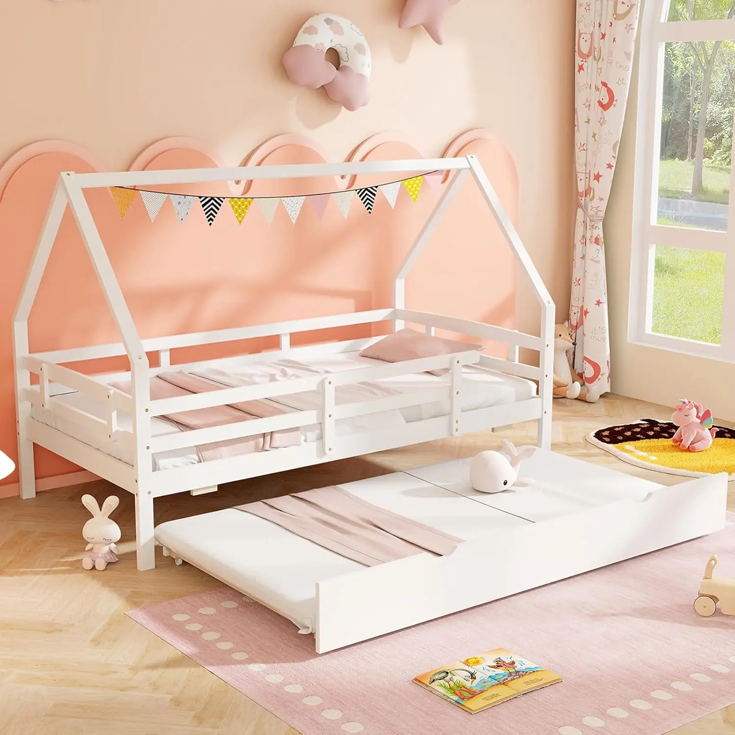 

Giantex Twin House Bed With Trundle, Wood Kids Bed Frame With Roof & Fence Rails, Montessori Bed For Kids, Teens, Girls & Boys,