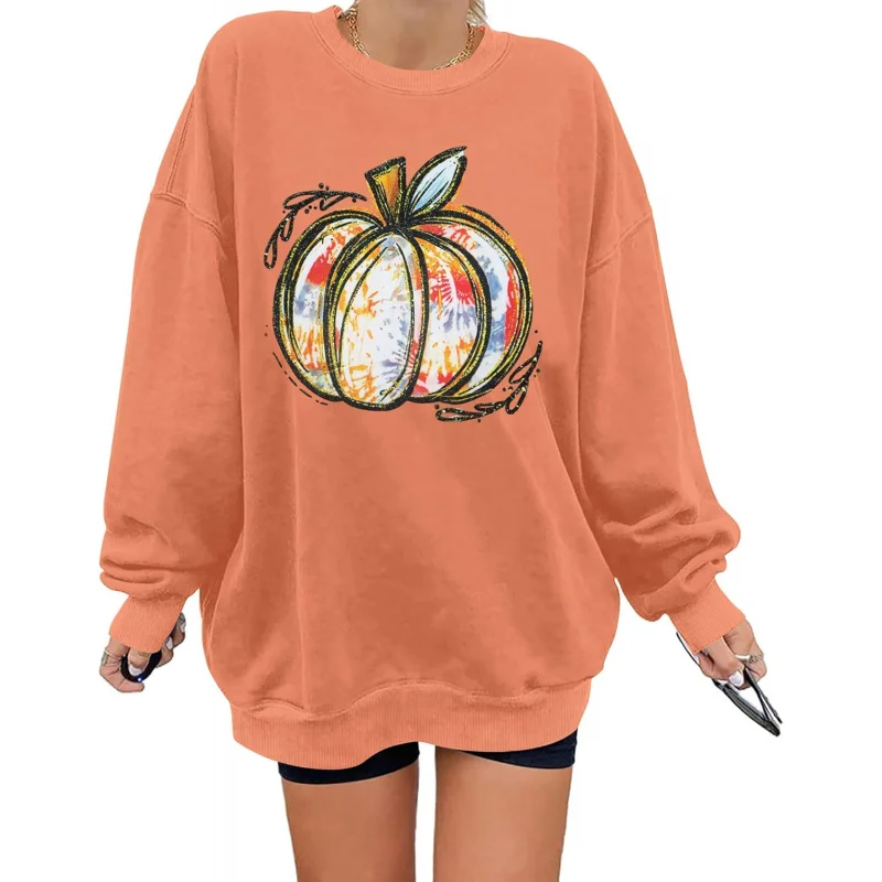 Halloween Pumpkin Sweatshirt Women's Orange Long Sleeve Round Neck Top