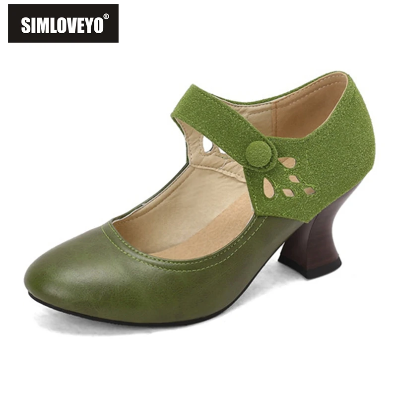 

SIMLOVEYO Women's Spring Summer Pumps Round Toe Low Heel Flock PU Fashion Ankle Strap with Buckle Green Yellow Big Sizes 46 48