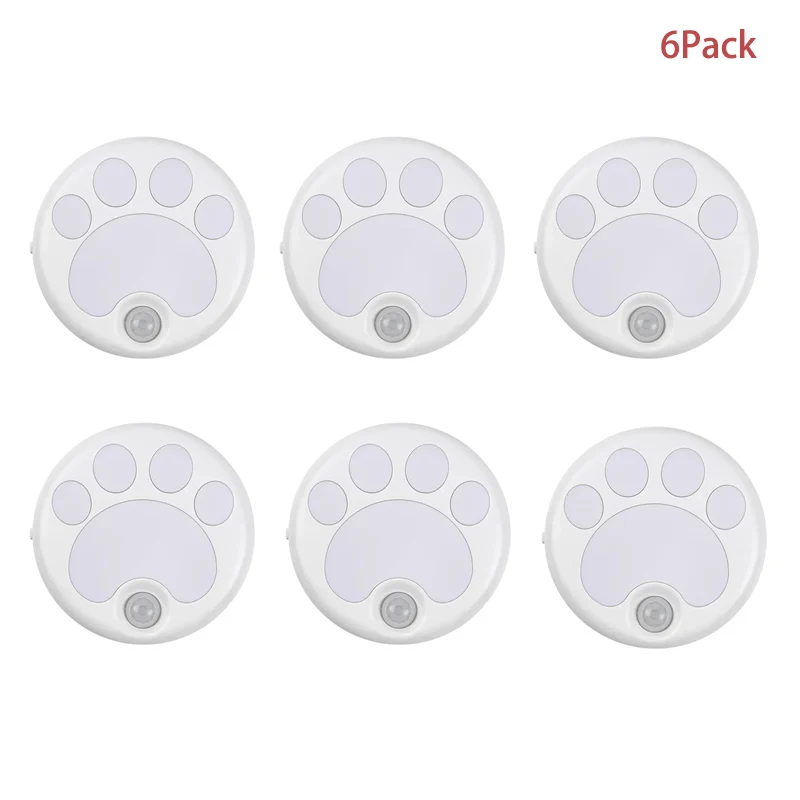

Cat Paw Night Lights 6 Pack Motion Sensor Lamp Indoor 3 Modes Auto/ON/Off For Wardrobe Closet Kitchen Bedroom Stairs Nightlight