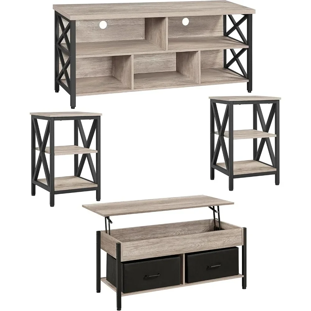 4 Pieces Living Room Table Sets - Includes TV Stand with Storage for 65 in TV, Lift-top Coffee Table with Baskets