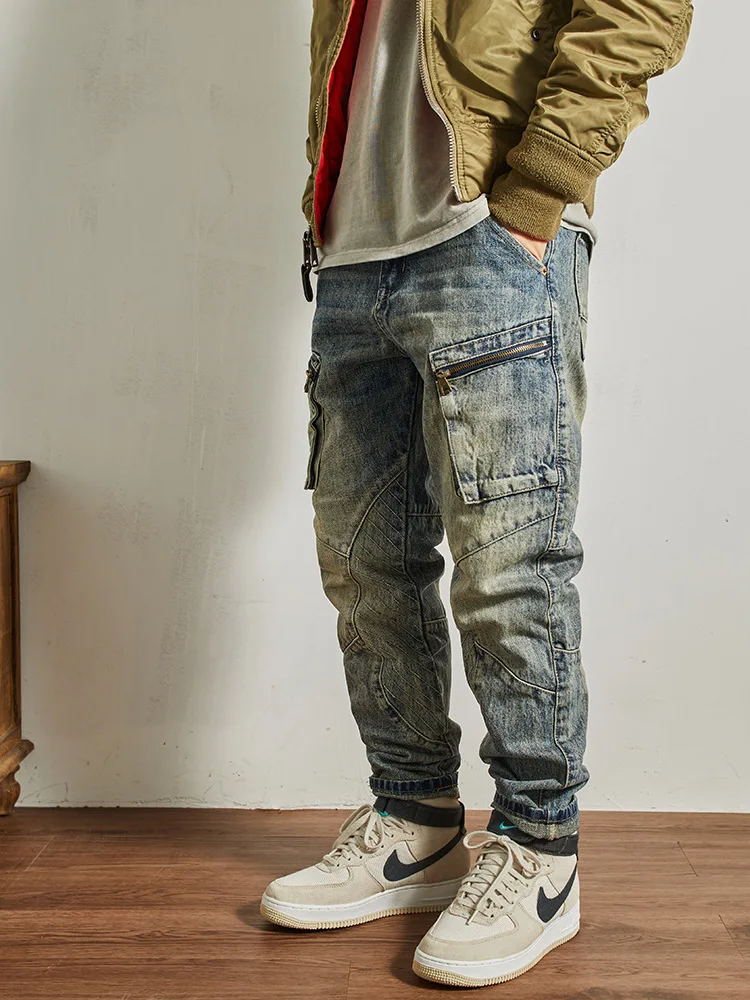 

Curved Patchwork Motorcycle Jeans for Men, American Retro Washed Distressed Slim Straight Workwear Denim Trousers