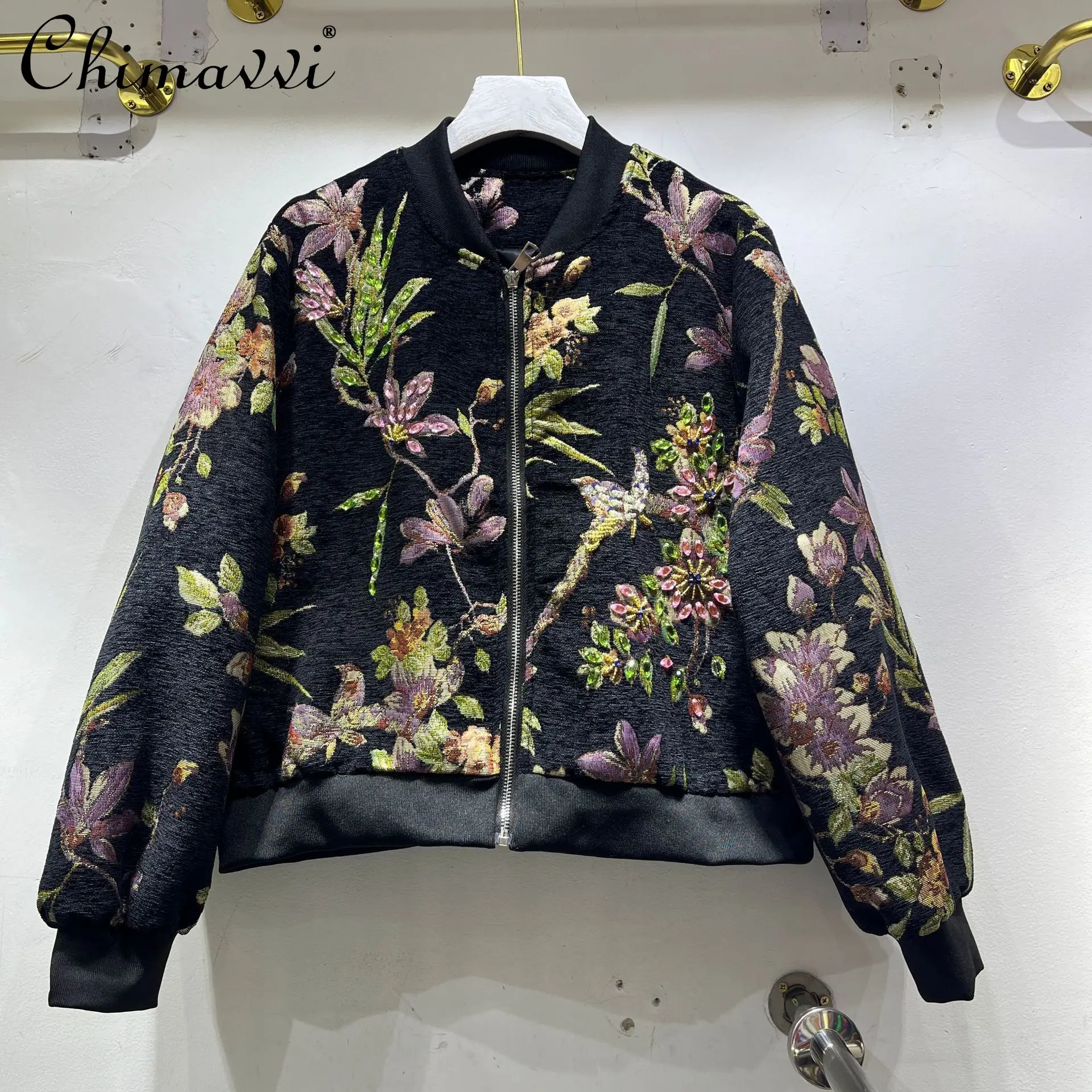 

High-end Heavy Beaded Casual Jacket Baseball Jersey Women's 2025 Autumn New Fashion Long-sleeved Loose Retro Elegant Coat