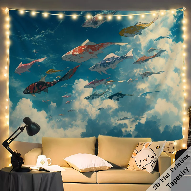 Ocean Fish Tapestry Wall Hanging Blue Marine Life Tropical Underwater Art for Home Decor Living Room Bedroom 180x280cm