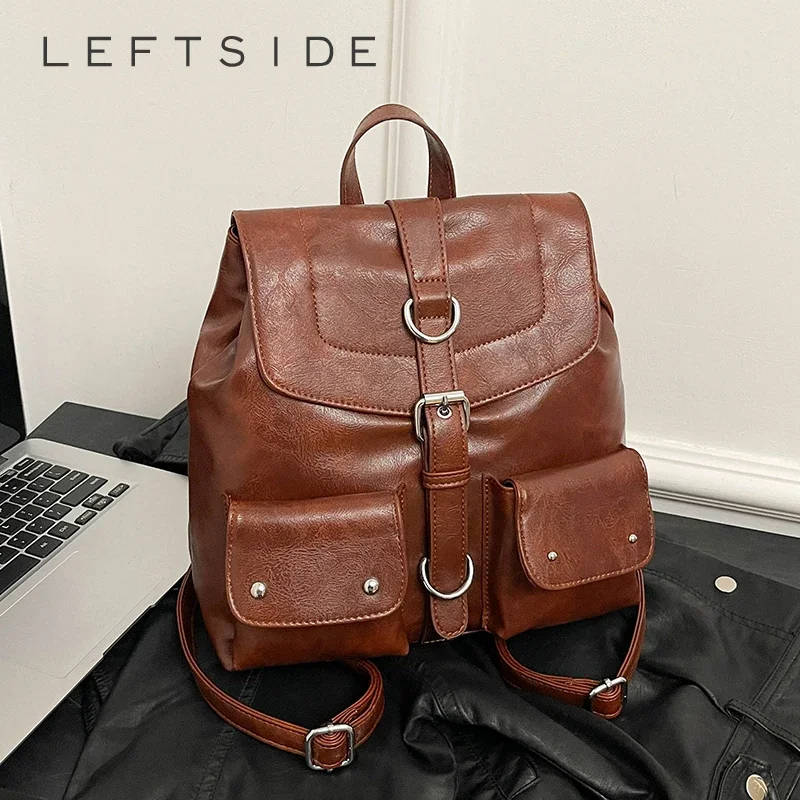 LEFTSIDE Women Retro Small PU Leather Backpacks 2024 Winter Designer Y2K Designer Females Backpack School Student Back Packs