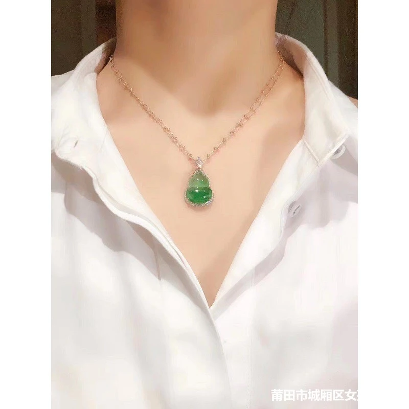 Ice , Natural Burmese with Floral Pattern, Bright Green Jadeite Gourd Pendant for Women, Inlaid, Fa