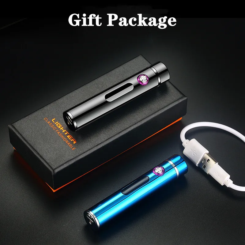 Mini Cylindrical Cross Dual Arc USB Lighter Touch Sensing Portable Outdoor Windproof Plasma Pulse Flameless Metal Lighter Tools