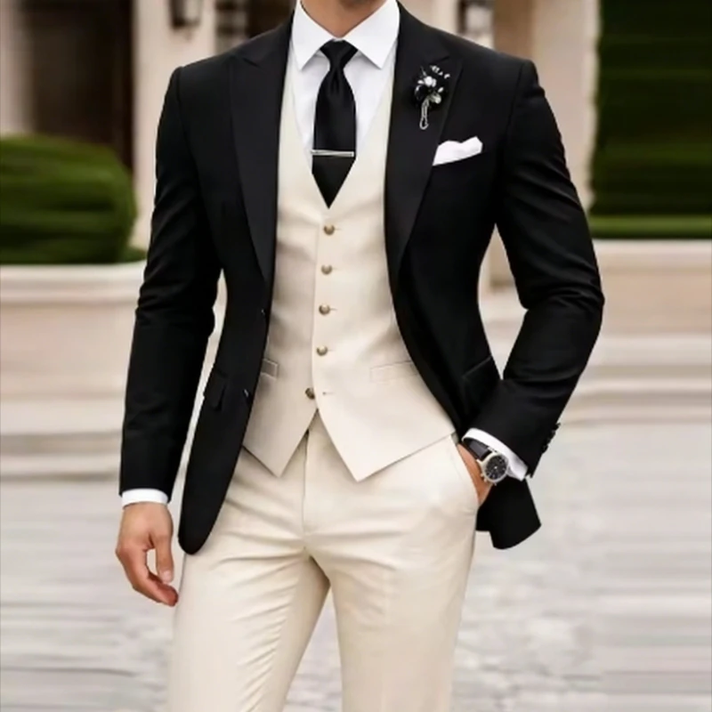 

Ivory And Black Men Suit Wedding Party Formal Groom Groomsman Prom Business Male Tuxedos 3 Piece Set Jacket Vest Pants