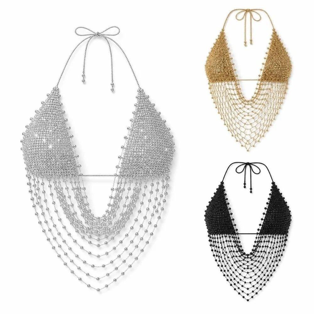 Sexy Y2K Fishnet Tank Top Hollow Out Rhinestone Decor Body Chain Fishnet Mesh Texture Halter Crop Top