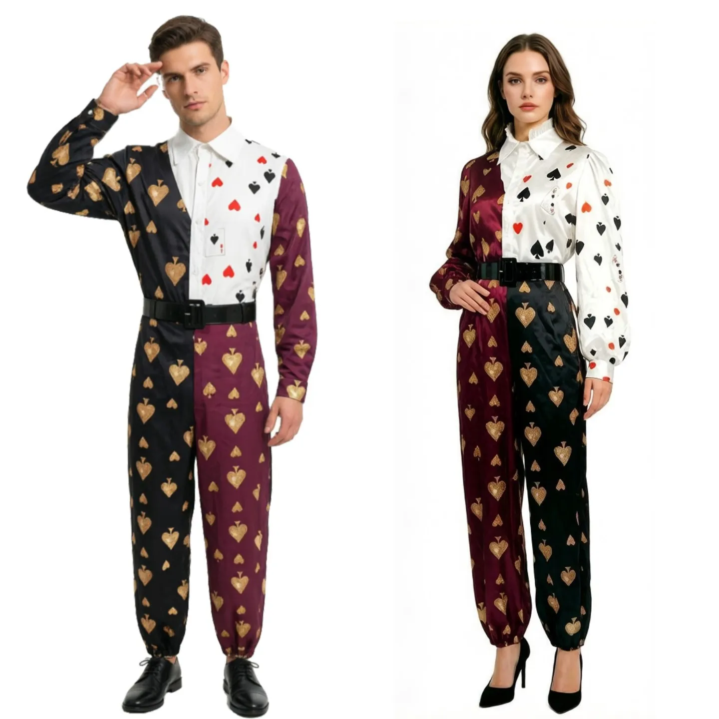 Alice in Wonderland Couple's Onesie Halloween Performance Costume Women's Men's Color Block Suit Polyester Fiber 100%