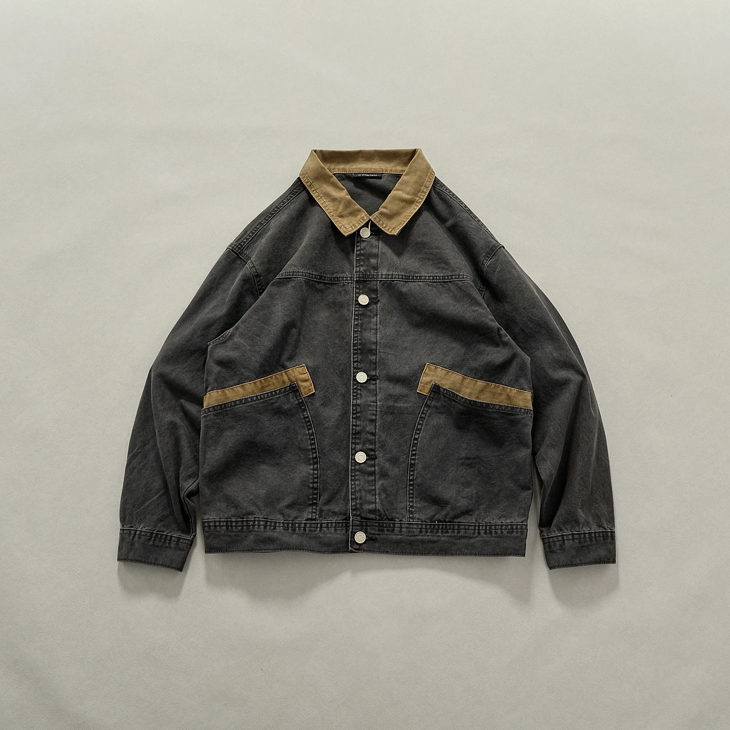 Retro lapel work jacket men's autumn large pocket bead canvas grained coat color-blocking loose top