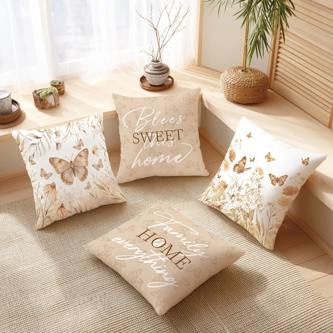 1PC 2D Flat Boho Butterfly Wildflower Throw Pillow Covers Bless Sweet Home Family Home Decorative Cushion Cases