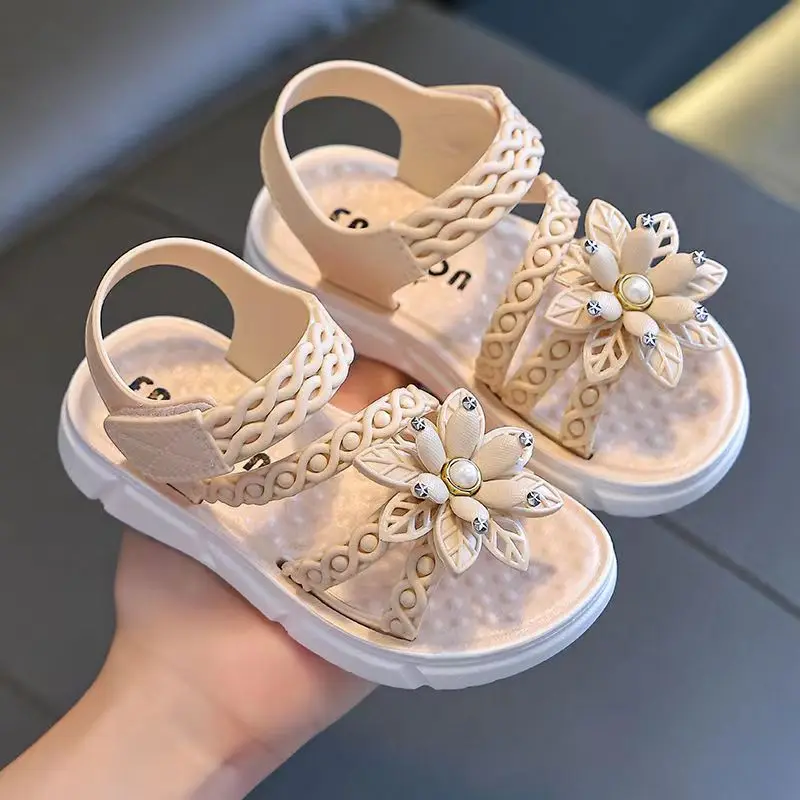 New Summer Children's One Word Flower Flat Sole Sandals Girls Soft Sole Non Slip Hook Outdoor Princess Sandals Beach Sandals