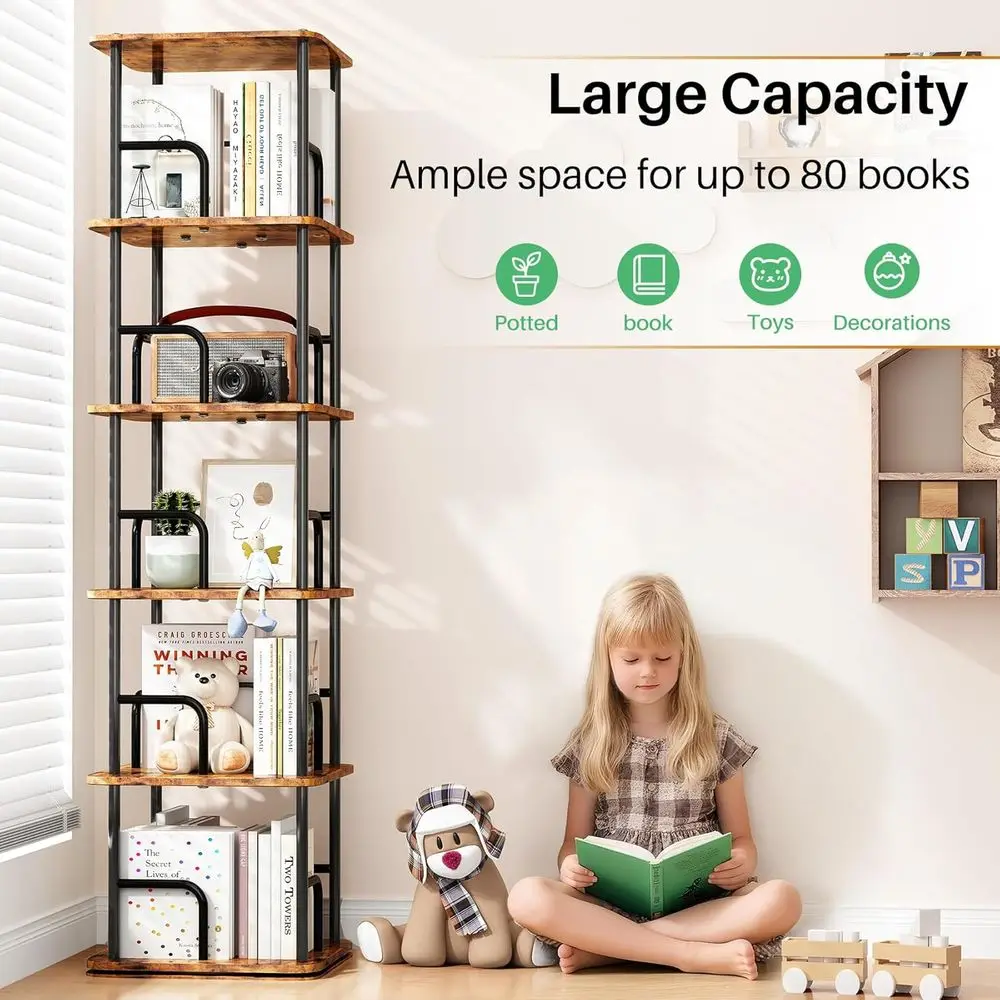 5 estantes 360 °   Librería giratoria de madera para espacios compactos, ideal para almacenamiento en el hogar y la oficina