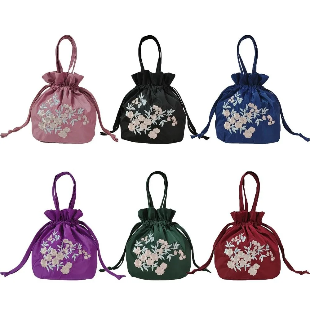 

Sweet Satin Silk Retro Drawstrings Bag Leaf Floral Embroidery Flower Handbag Storage Bag Ethnic Style Small Purse Wallet Outdoor