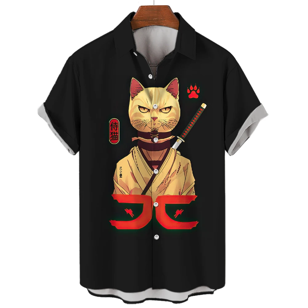 Men\'s Cat Pattern Swordsman Assassin Warrior Shirts Fitness Gym Clothing Men Robe Male Fashion Checked Blouse Hawaiian Dazn