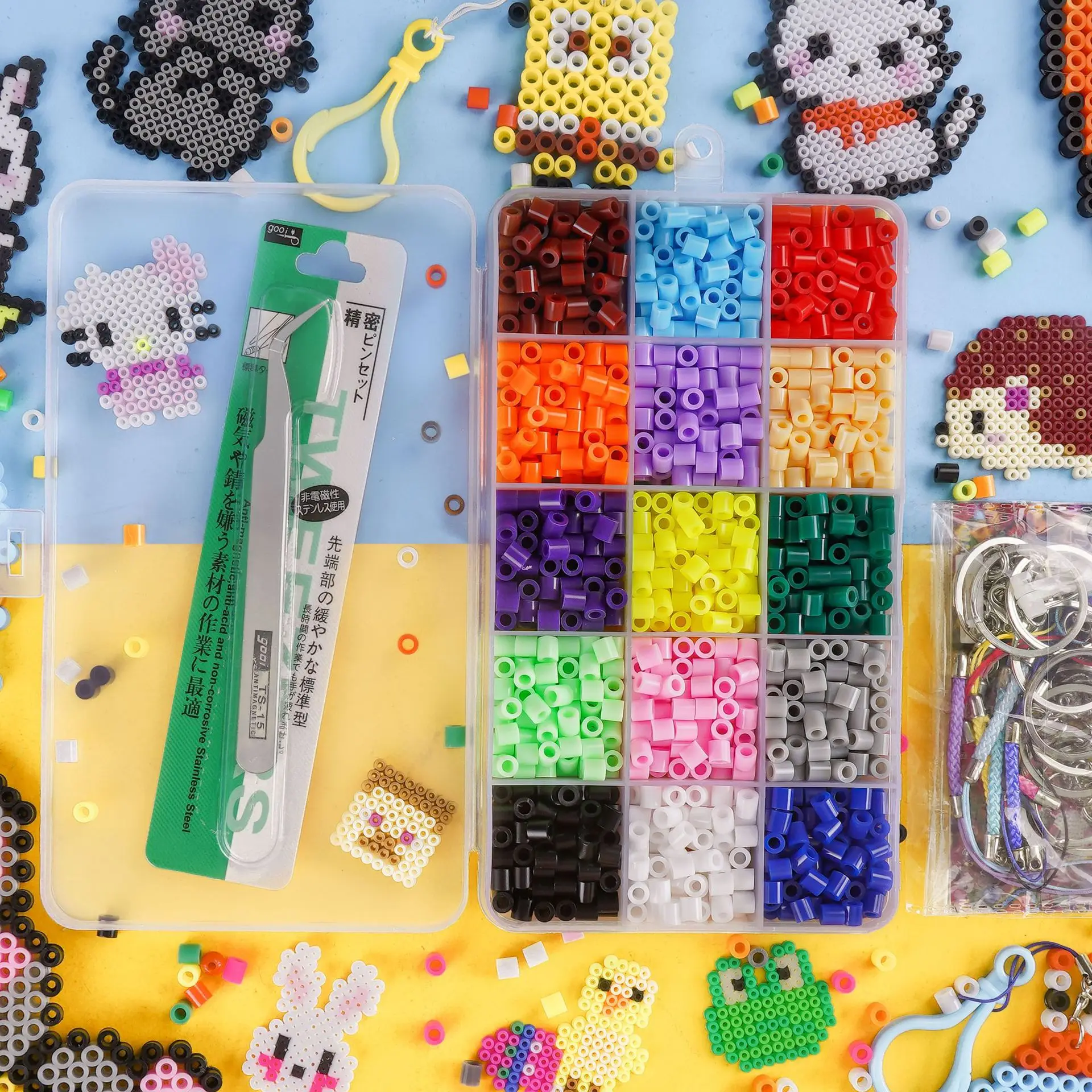 15色 5mm メルトビーズセット ピクセルアートパズル ハマビーズ DIY 3Dパズル 手作りギフト フューズビーズキット アイロンビーズおもちゃ