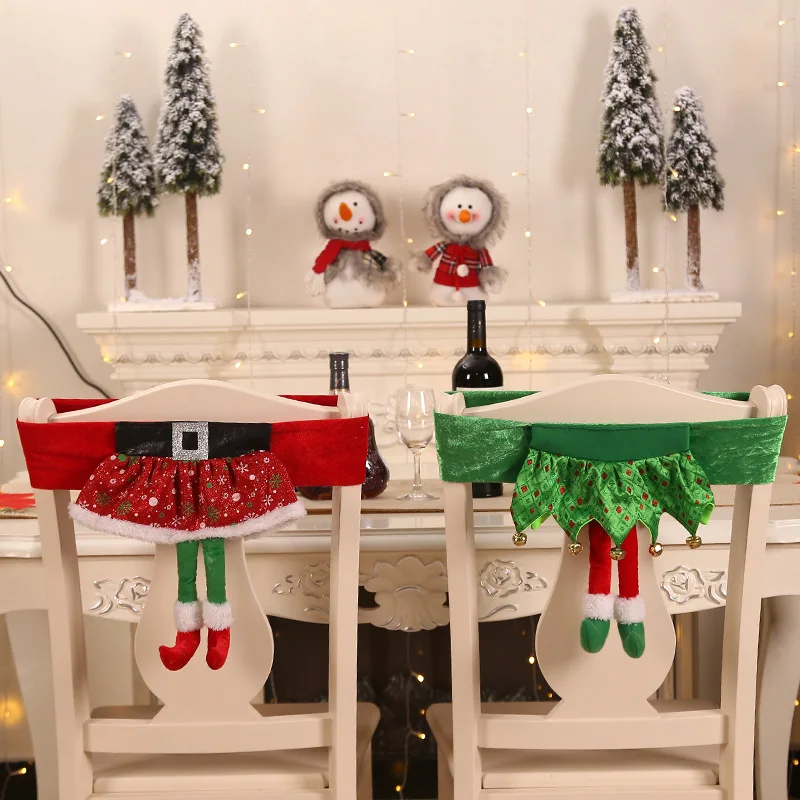 

Christmas Chair Cover New Santa Claus Belt Chair Cover Girls Skirt Chair Cover Red Green Cloth Chair Back Cover Home Decoration