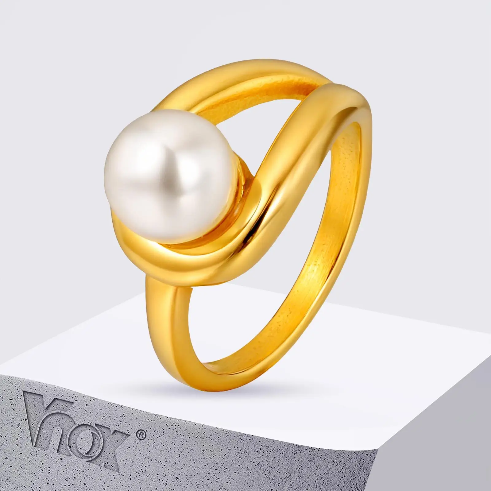 

Vnox Stylish Simulated Pearl Rings For Women, Stainless Steel Unique Geometric Hollow Jewelry Engagement Gift